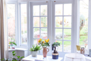 a brightly-lit white room with flowers in vases