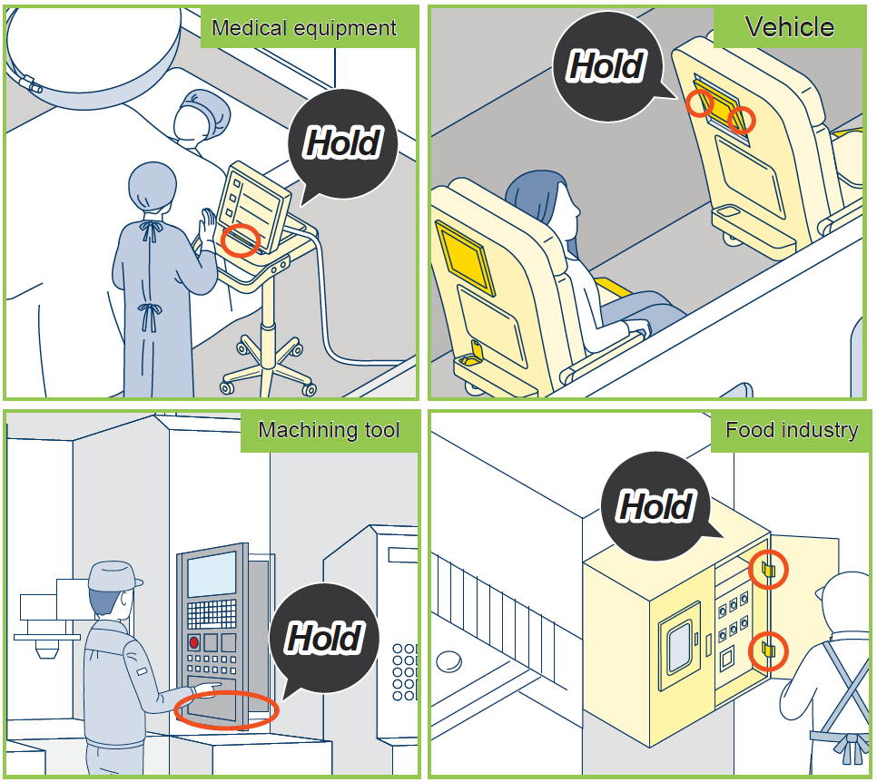 Four use cases for how hinges work on the job: medical equipment, vehicle electronics, machining tools, and food service.